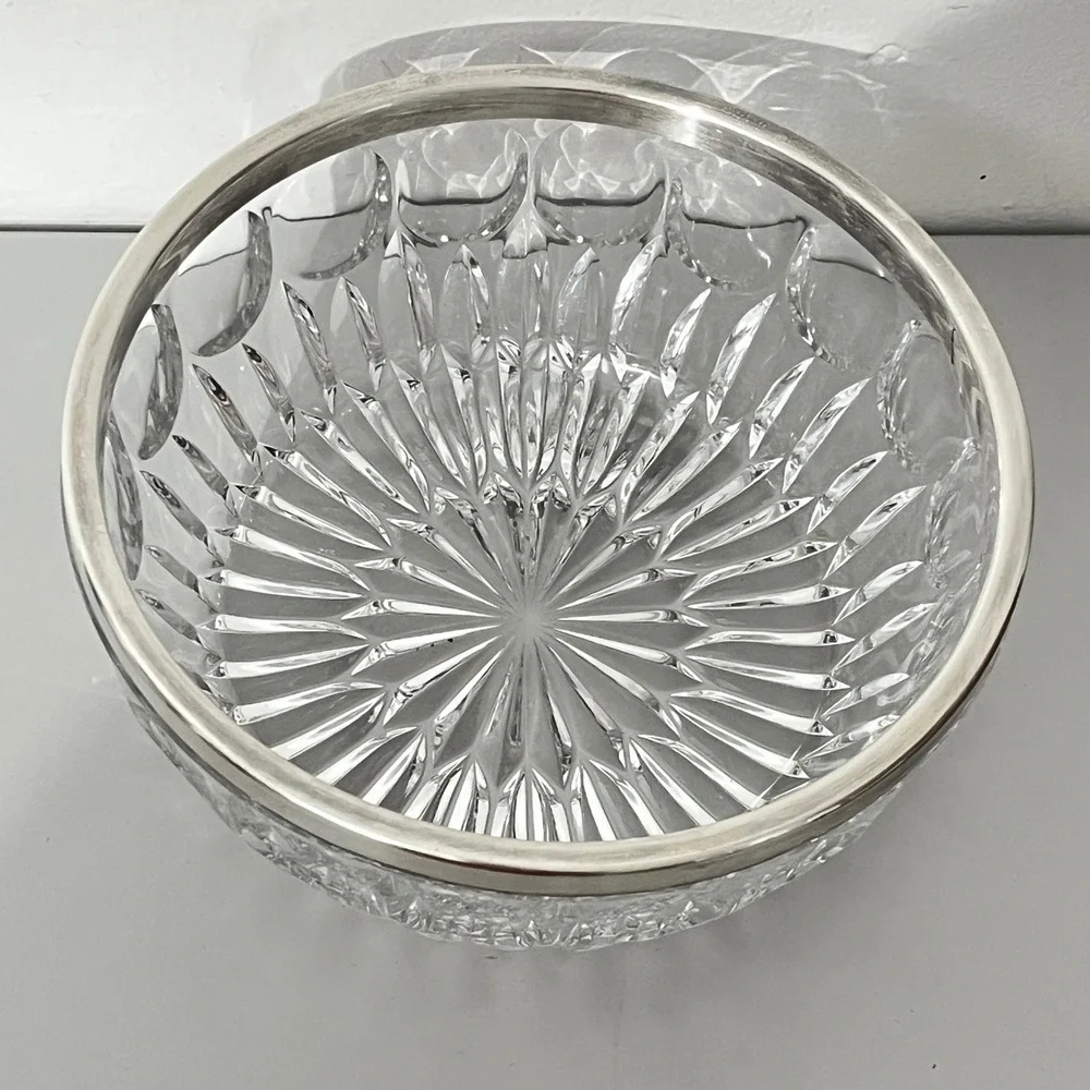 Leonard Crystal Crystal Serving Bowl 8 Inch Clear Silver Rim Cut Glass Decor